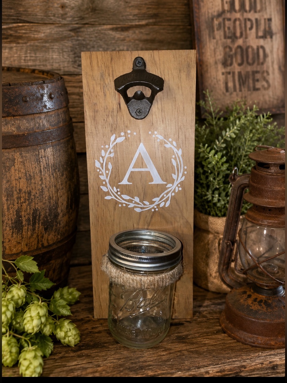 Monogram 'A' Rustic Wall-Mounted Bottle Opener with Mason Jar